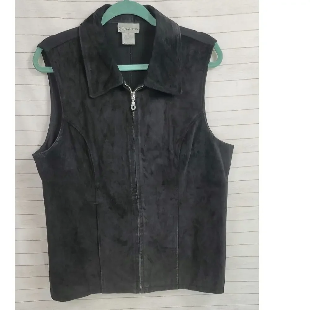 VINTAGE GANTOS 100% SUEDE LEATHER RIBBED FULLED ZIP VEST IN BLACK, SZ XL